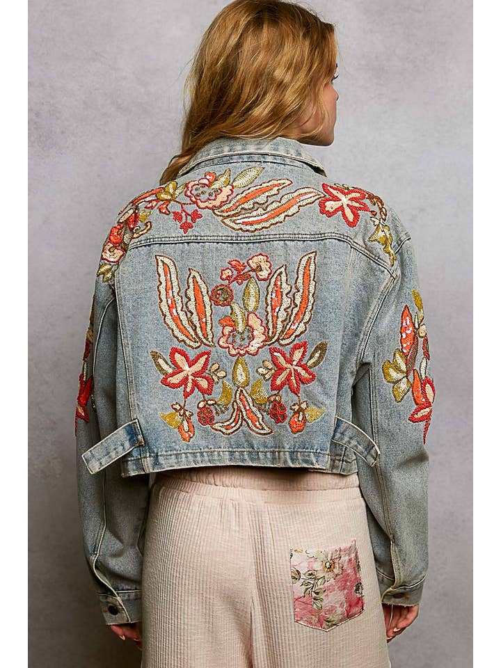 Beaded Embroidered Waist Tab Denim Jacket for wholesale on Faire