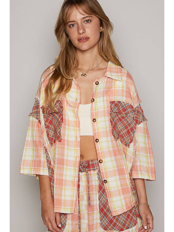 CORAL MULTI Woven plaid print quarter sleeve button down shirt SALE for wholesale on Faire