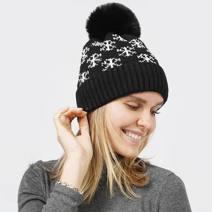Wona Trading, Inc. - Wholesale Beanie - Women's - Snowflake Patterned Faux Fur Lining Knit Pom Pom Beanie Hat