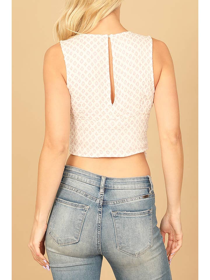CREAM MAUVE Plunging Lace Ruched Front Print Crop Top - Cotton Fabric for wholesale on Faire