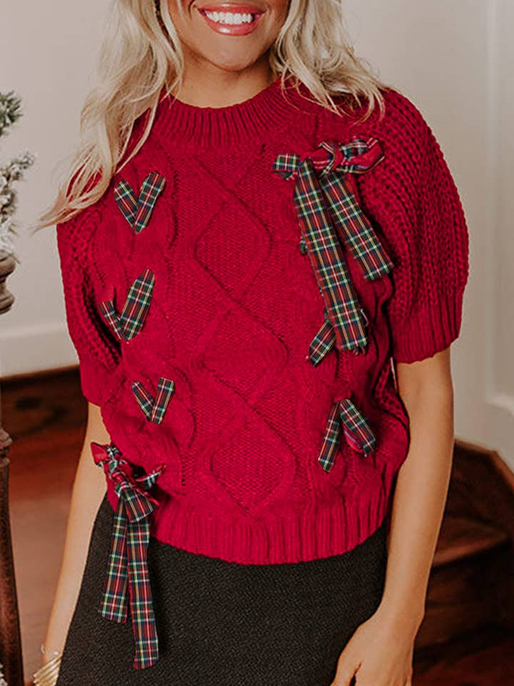 Fiery Red Plaid Lace up Detail Christmas Holiday Puff Short Sleeve Sweater for wholesale by Lovesoft