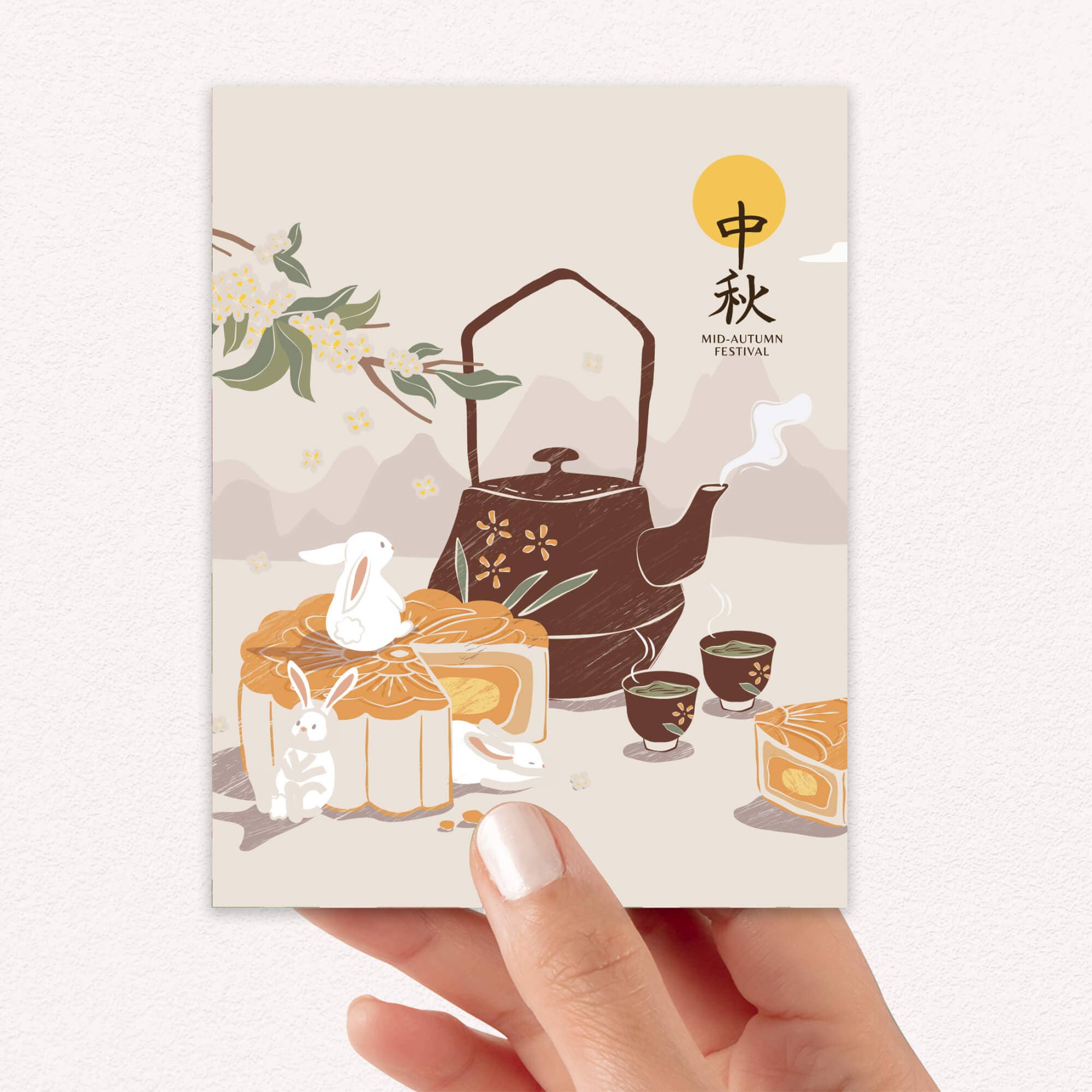 Cute Asian Cards - Wholesale Everyday Greeting Card - Brown Teapot Mid-Autumn Festival Card | Jade Rabbits Full Moon4