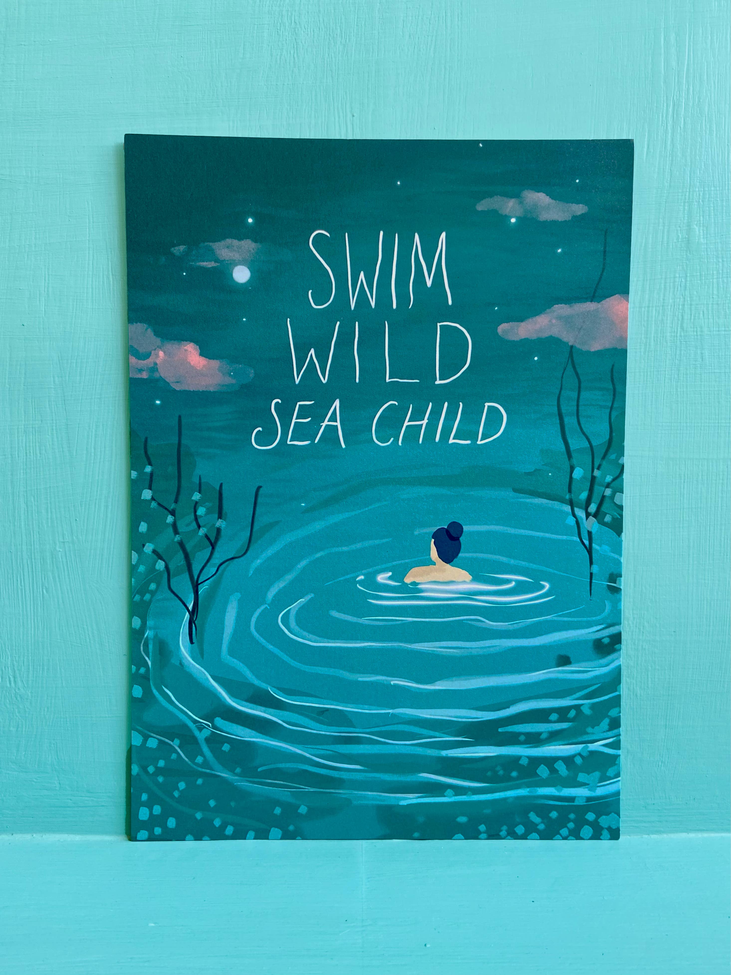 Salty Siren Studios – wholesale Art print – Swim Wild Sea Child Cornish Illustrated A4 Art Print 2