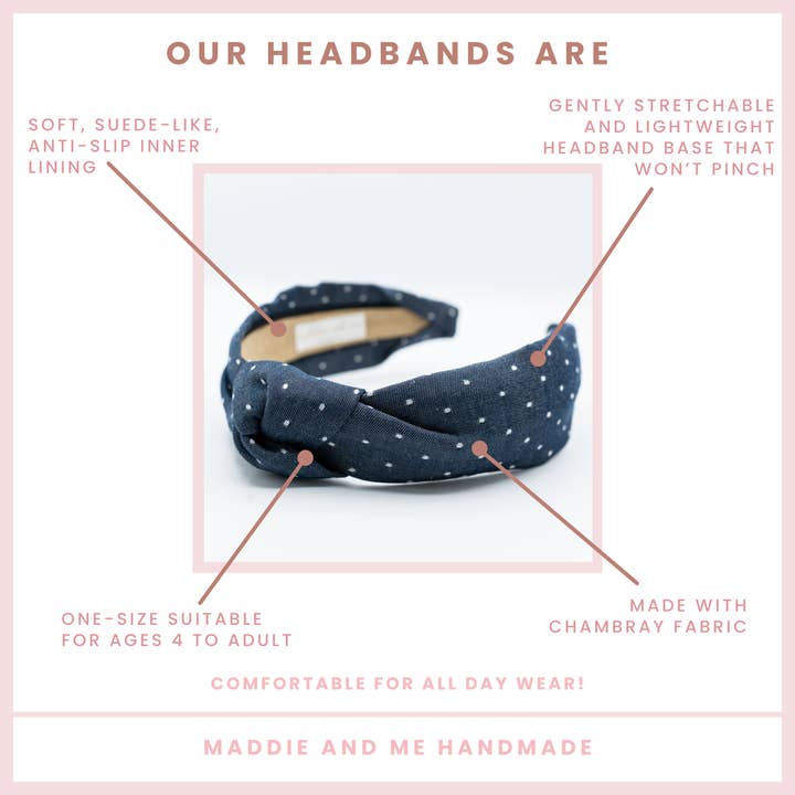 Maddie and Me Handmade - Wholesale Fashion Headband - Women's - Western Polka Dot Chambray Knot Headband | Navy Blue Indigo3