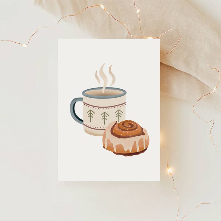 Postcard Camping Mug & Cinnamon Roll Norway Greeting Card for wholesale by Tilda&Theo