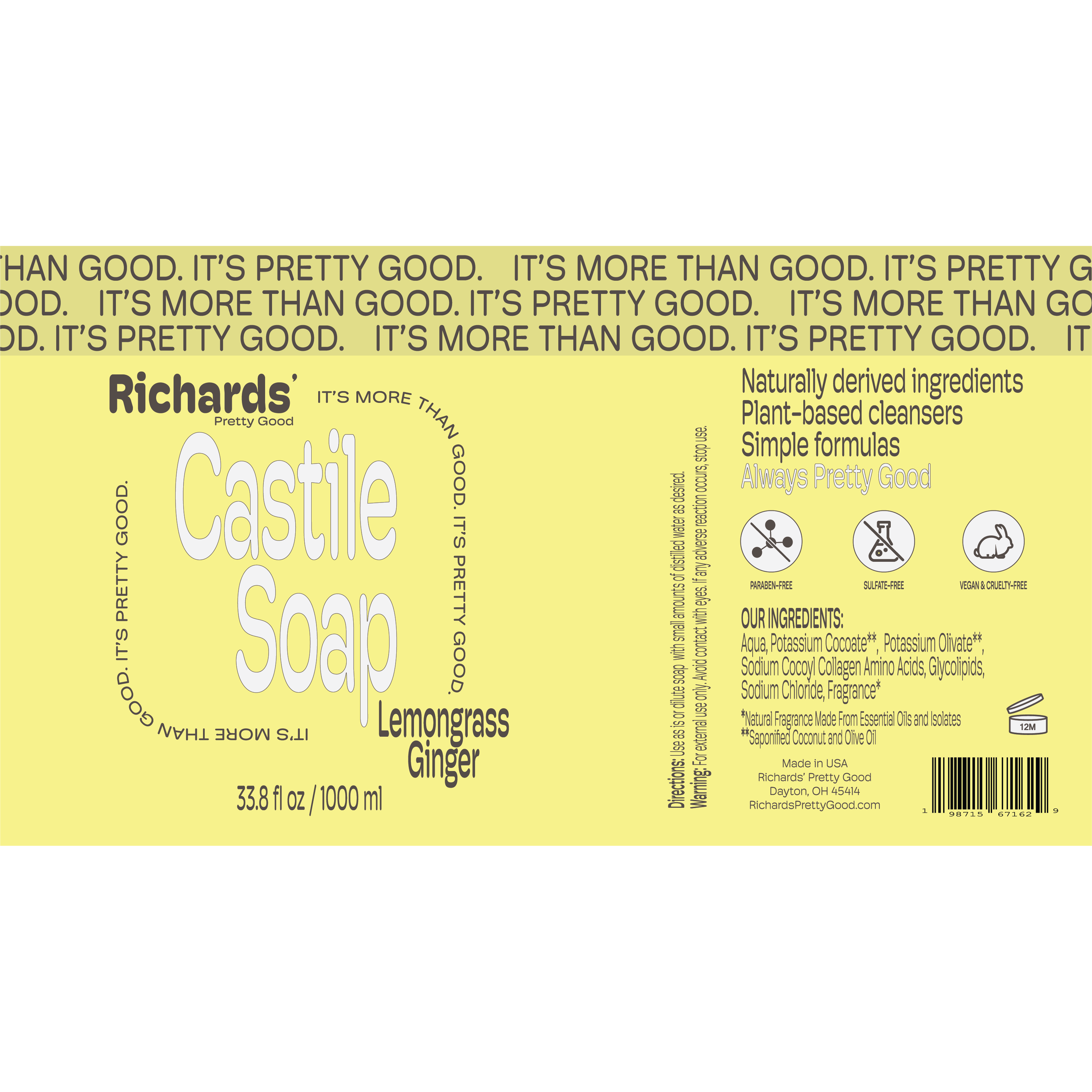 Richards' Pretty Good - Wholesale Body Wash/Shower Gel - Castile Soap - Lemongrass Ginger - 1000 ml2