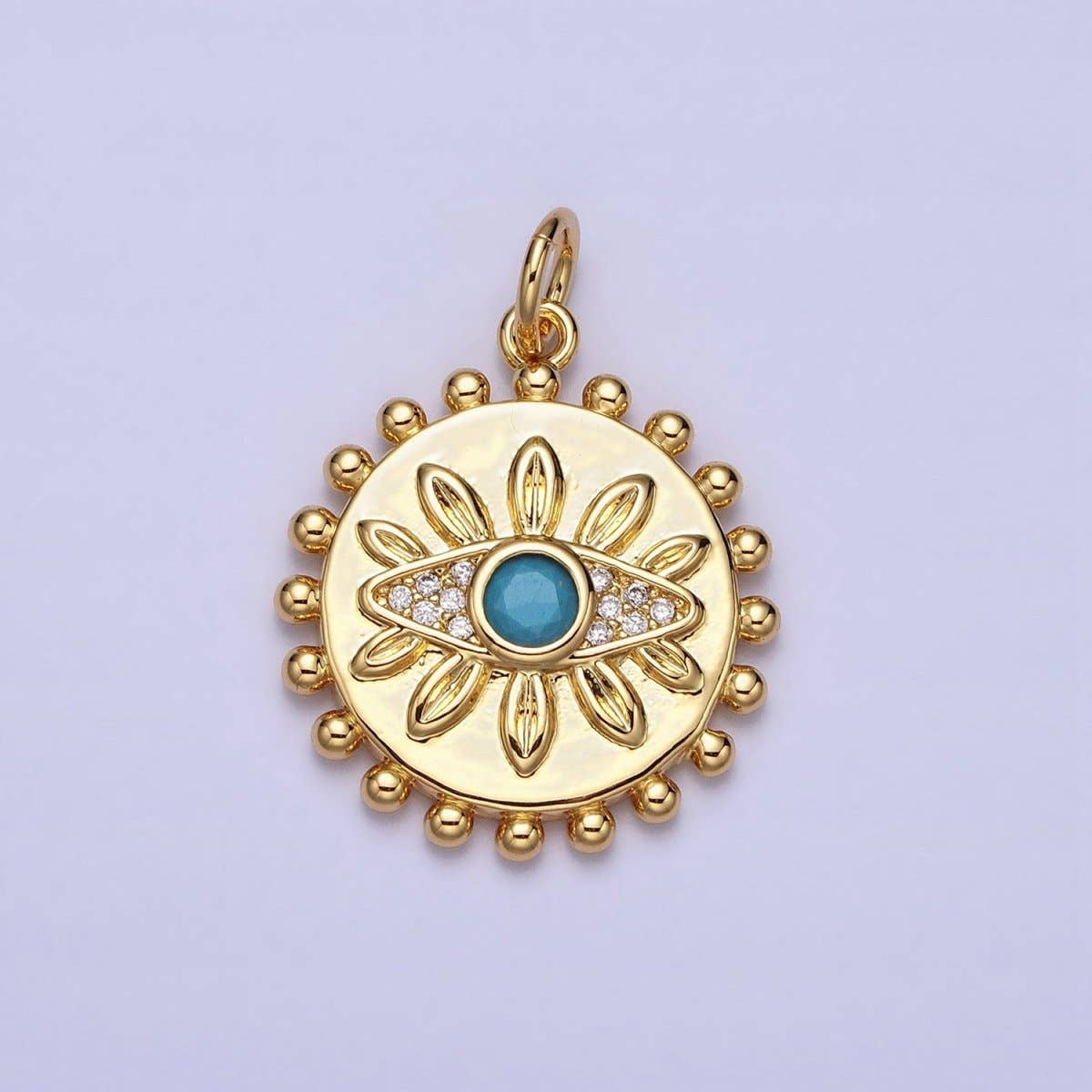 Aim Eternal - Wholesale Individual Charm/Pendant - Evil Eye Turquoise Clear Micro Paved CZ Dotted Round Disc Gold Charm | AC3620