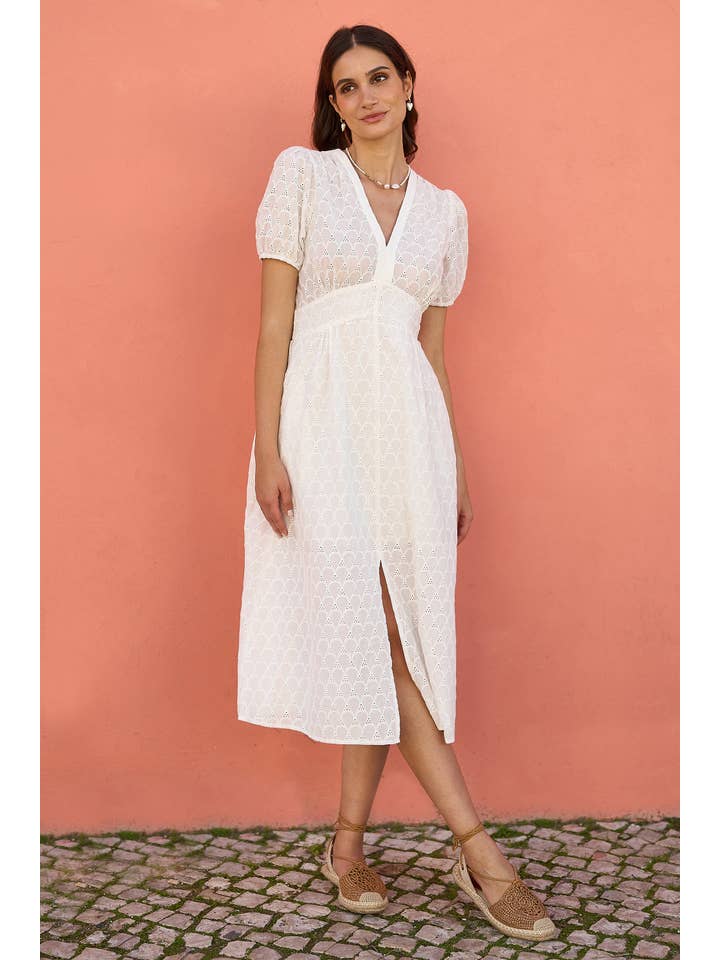 Yumi White Broderie Anglaise Midi Dress With Split Hemline for wholesale on Faire