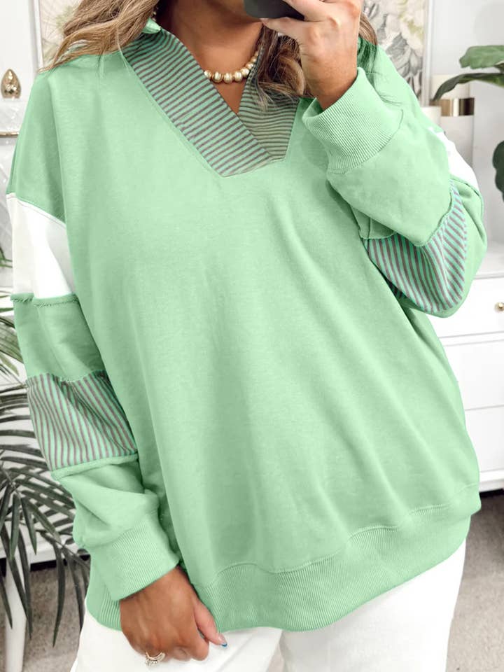 Color Block Striped Patchwork Collar V Plus Size Sweathirt for wholesale by 66DISCO