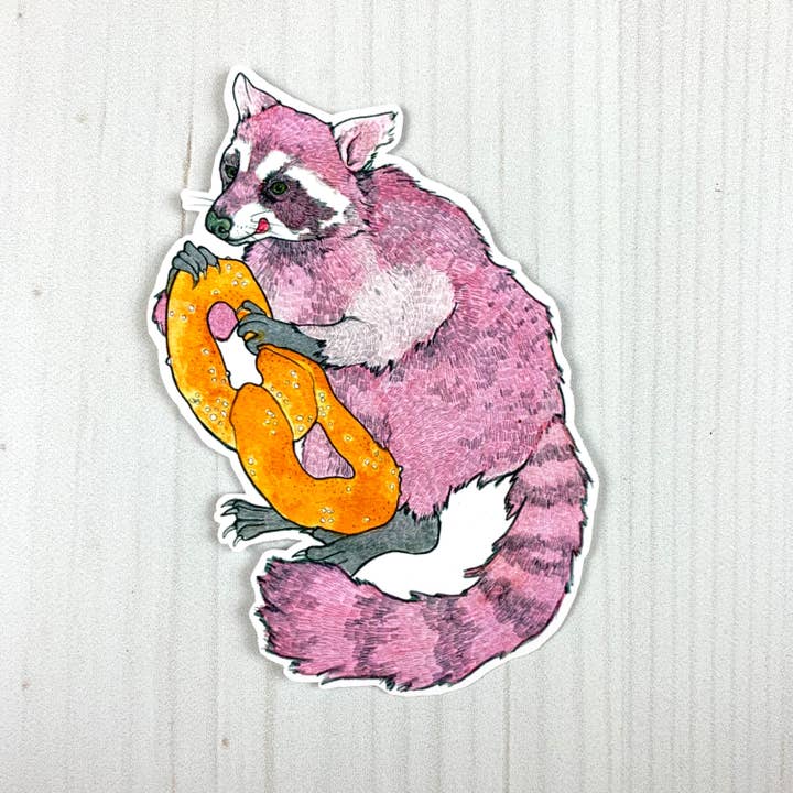 Raccoon Philly Pretzel Vinyl Sticker for wholesale by Sarah Draws Things