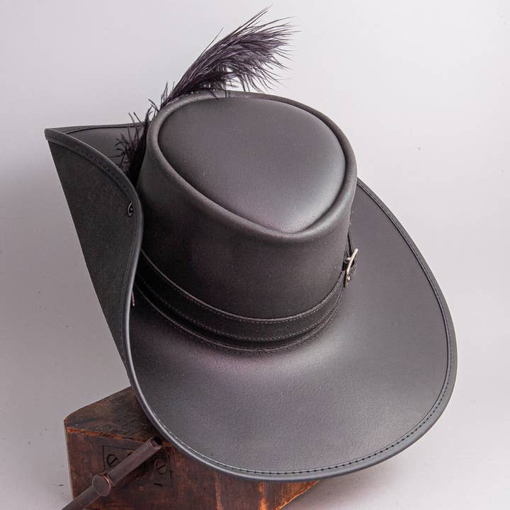 Black Renaissance Fair Leather Hat - Style Cavalier for wholesale on Faire3