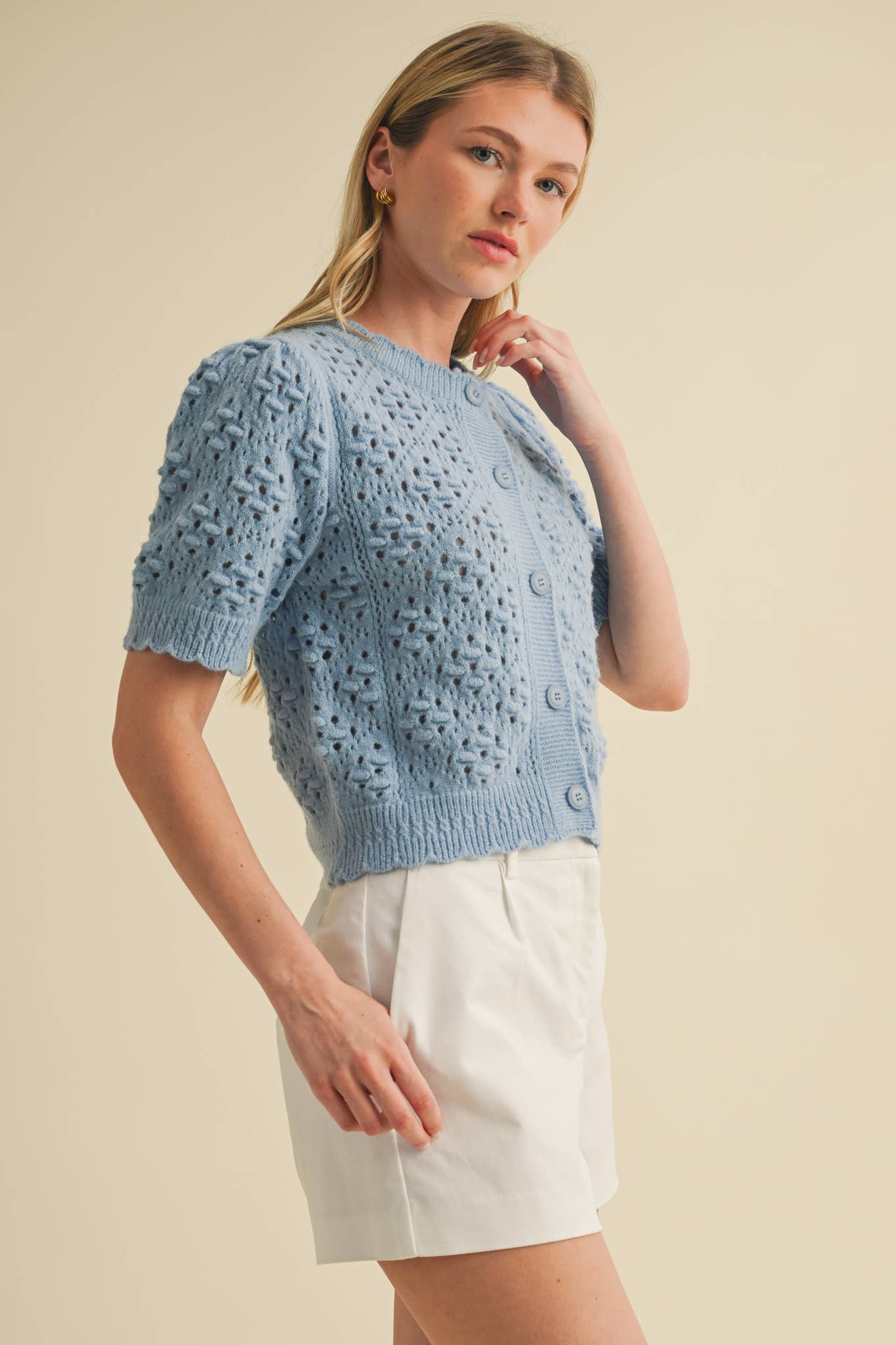 &MERCI - Wholesale Cardigan - Women's - CROPPED POINTELLE BUTTON DOWN SWEATER CARDIGAN MSW1085758