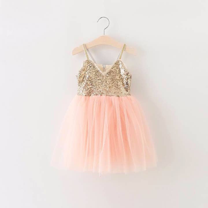 Persika Ava-klänningen - Persika, Glitter, Paljetter, Tyll, Blomsterflicka Klänning, Bröllopsklänning, Födelsedagsklänning, Guld, Glans, Spaghettiband, Linne för wholesale på Faire