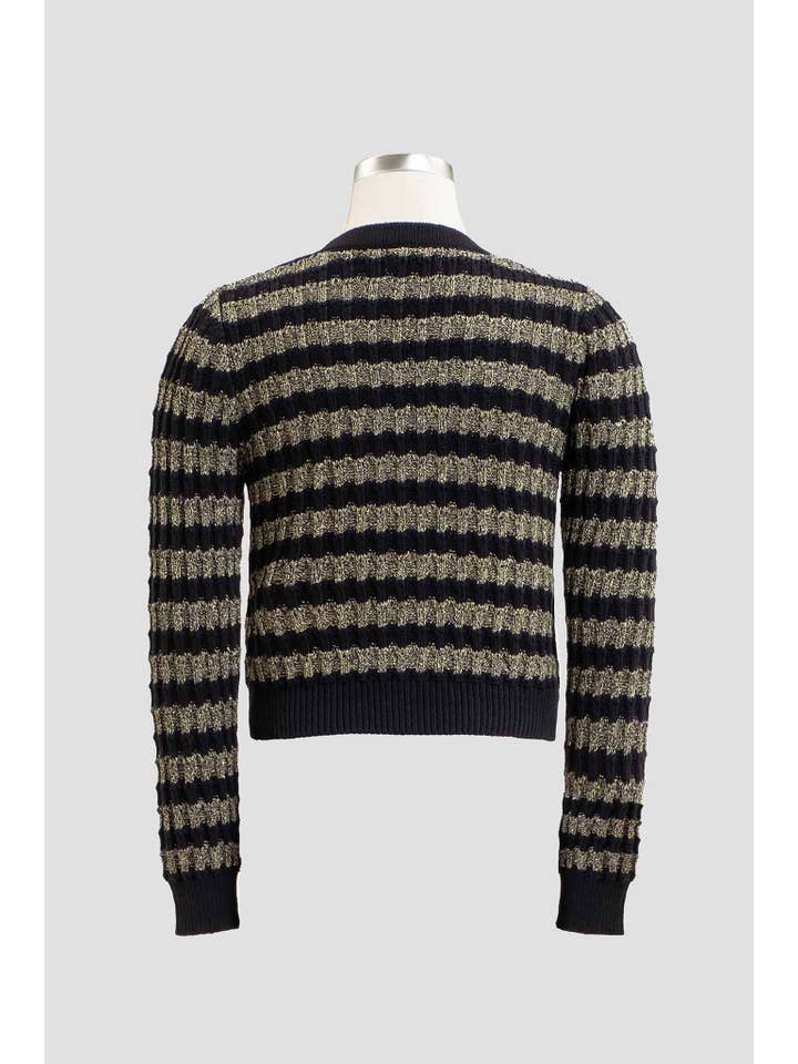 BLACK STRIPE V NECK BUTTON FRONT KNIT CARDIGAN for wholesale on Faire