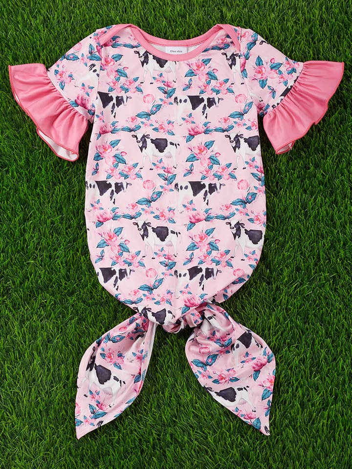 Cow/floral printed baby gown. PJG25153024 for wholesale by Kids Charm Online