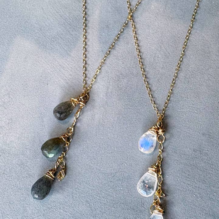 Quinn Sharp Handmade - Wholesale Pendant/Charm Necklace - Gold Filled Triple Moonstone|Labradorite Drop NecklaceÂ