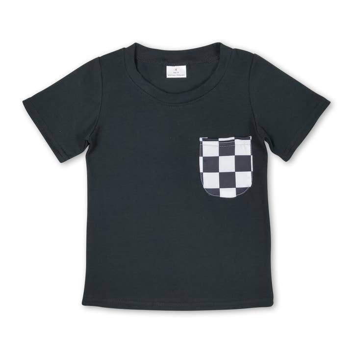 Black plaid pocket short sleeves kids boys top for wholesale by Yawoo Garments