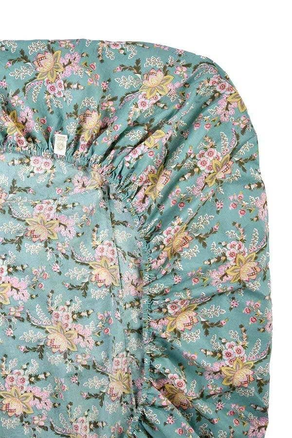 blue Nicole fitted sheet - Bed linen - flowers - turquoise for wholesale on Faire2