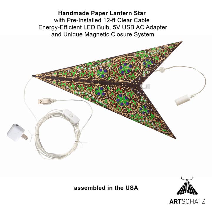 Artschatz LLC - Vendita all'ingrosso Lanterne/lampade di carta - Cathedral ~7P, 61 cm, marrone/verde lanterna di carta a forma di stella2