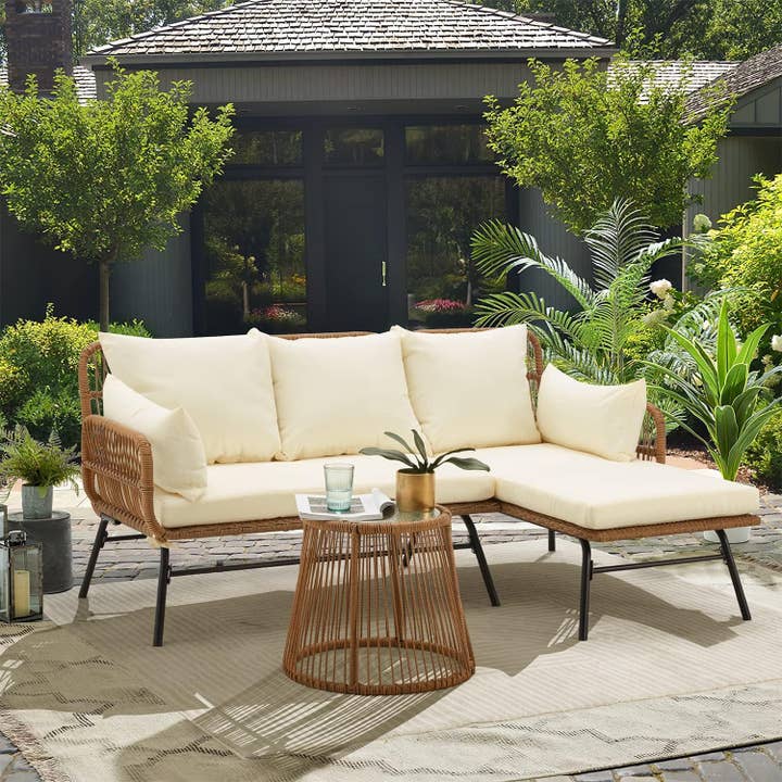 White L Shaped Patio Furniture Set with Thick Cushions for wholesale on Faire7