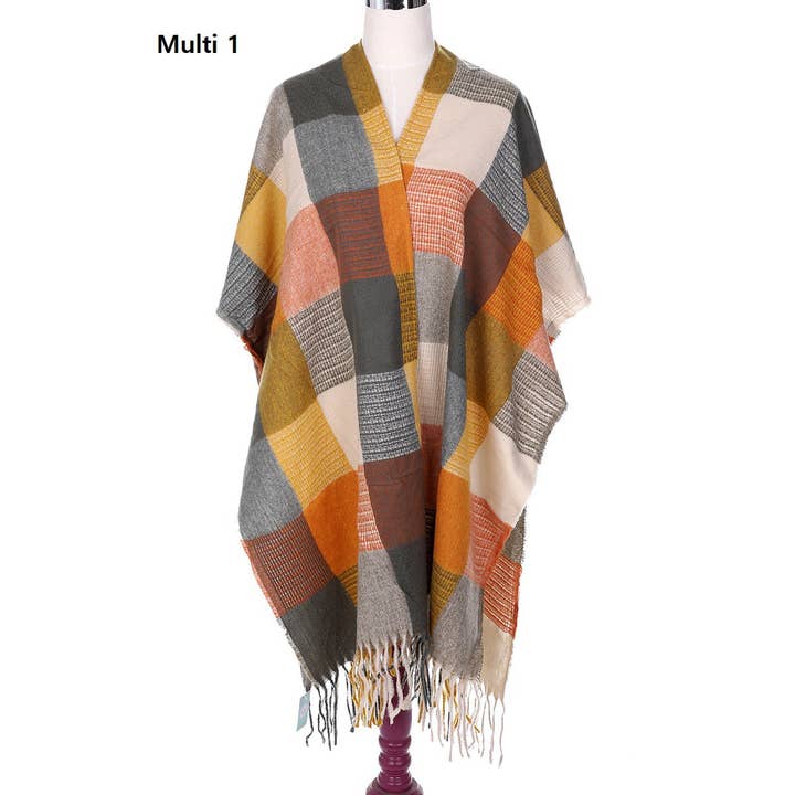 Plaid Fringe Poncho for wholesale by Funteze