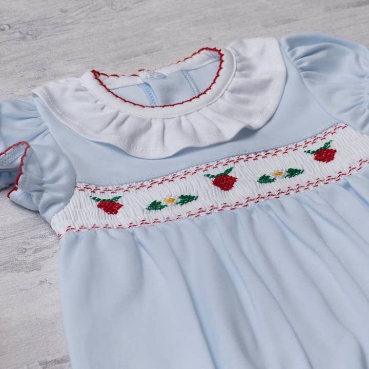 Strawberry Daisy Smocked Baby Romper for wholesale by Almudena Baby