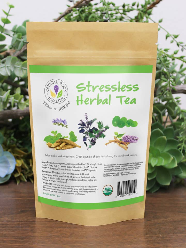 Stressless Herbal Tea 2oz Organic for wholesale by Crystal Rock Healing, LLC