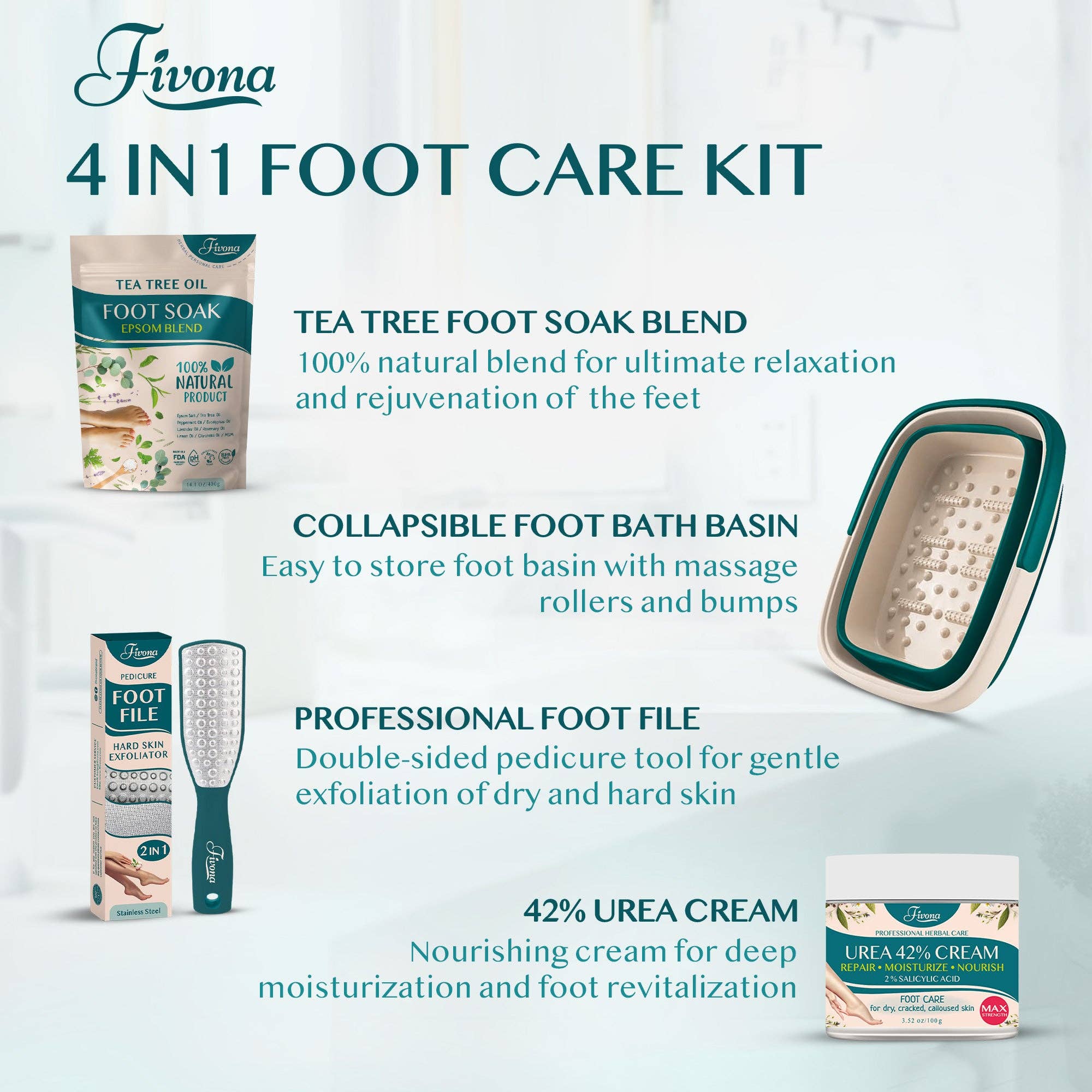 FIVONA - Wholesale Foot Scrub/Polish - Foot Salt Soak Kit 4 in 1 Natural Feet SPA Tea Tree1