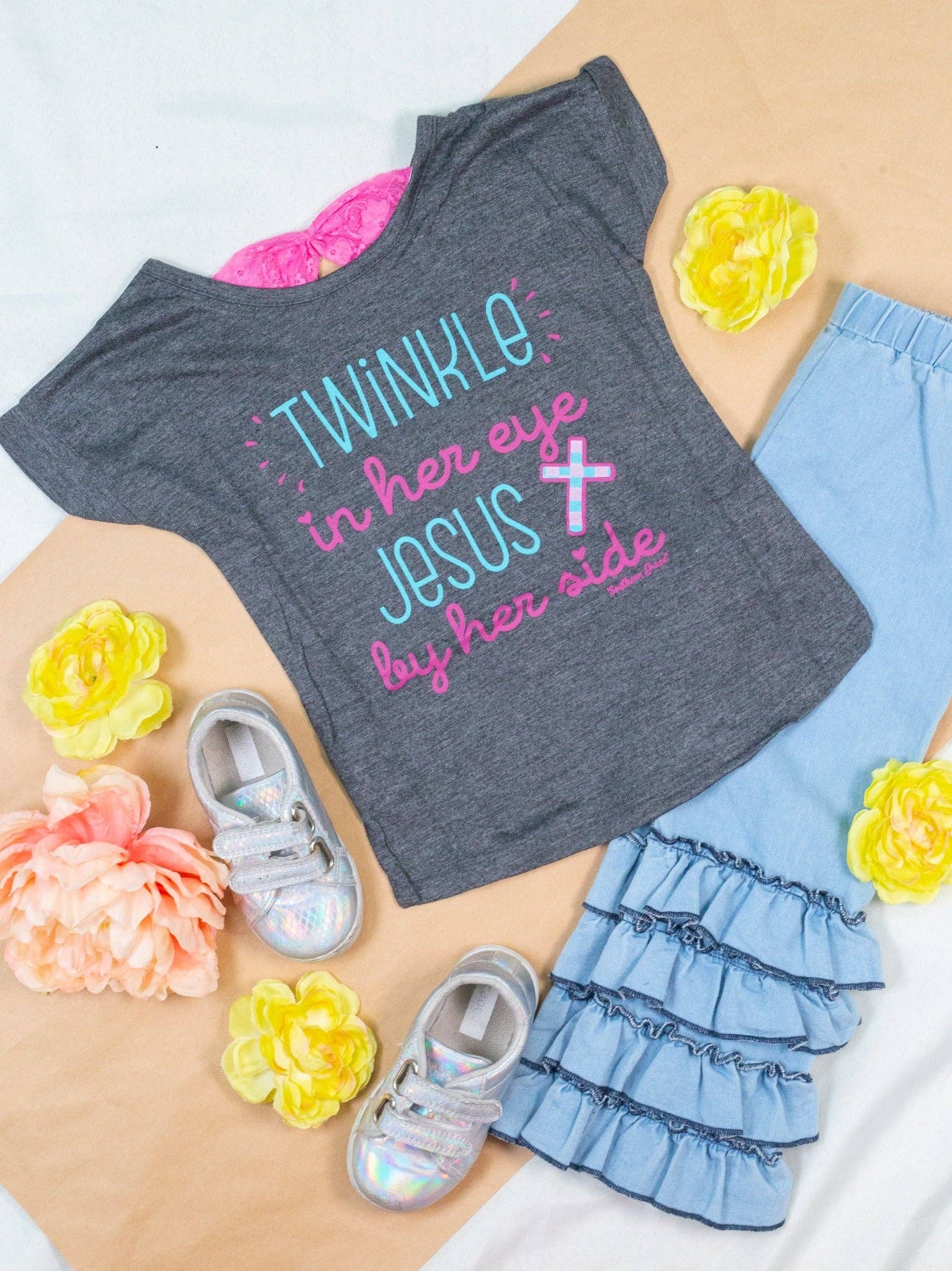 Girls' Twinkle In Her Eye, Jesus By Her Side Grey Tee for wholesale on Faire0