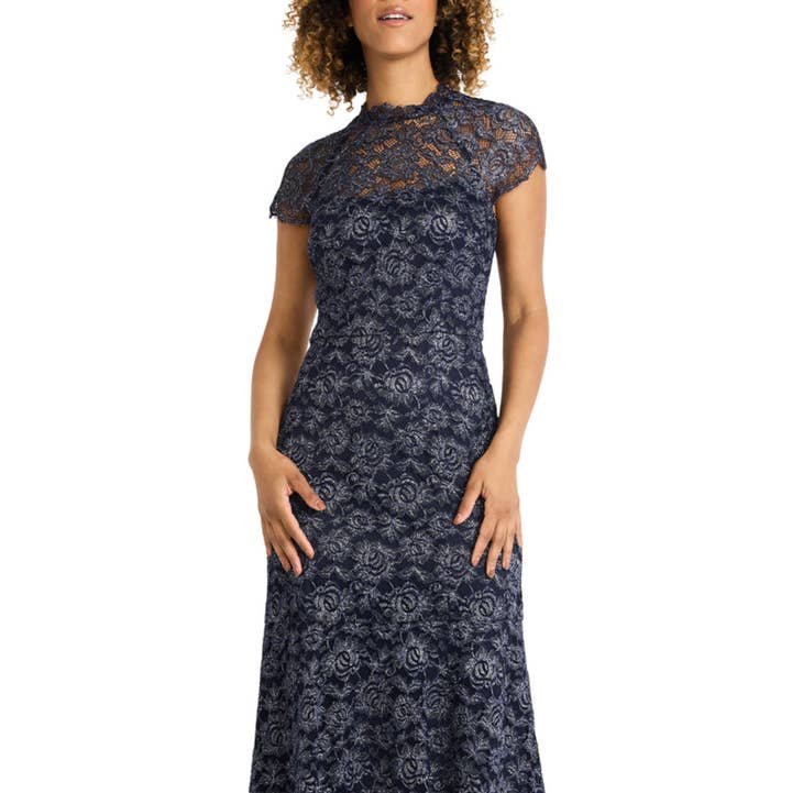NAVY BLAZER Maggy London Illusion Neckline Metallic Lace Dress for wholesale on Faire