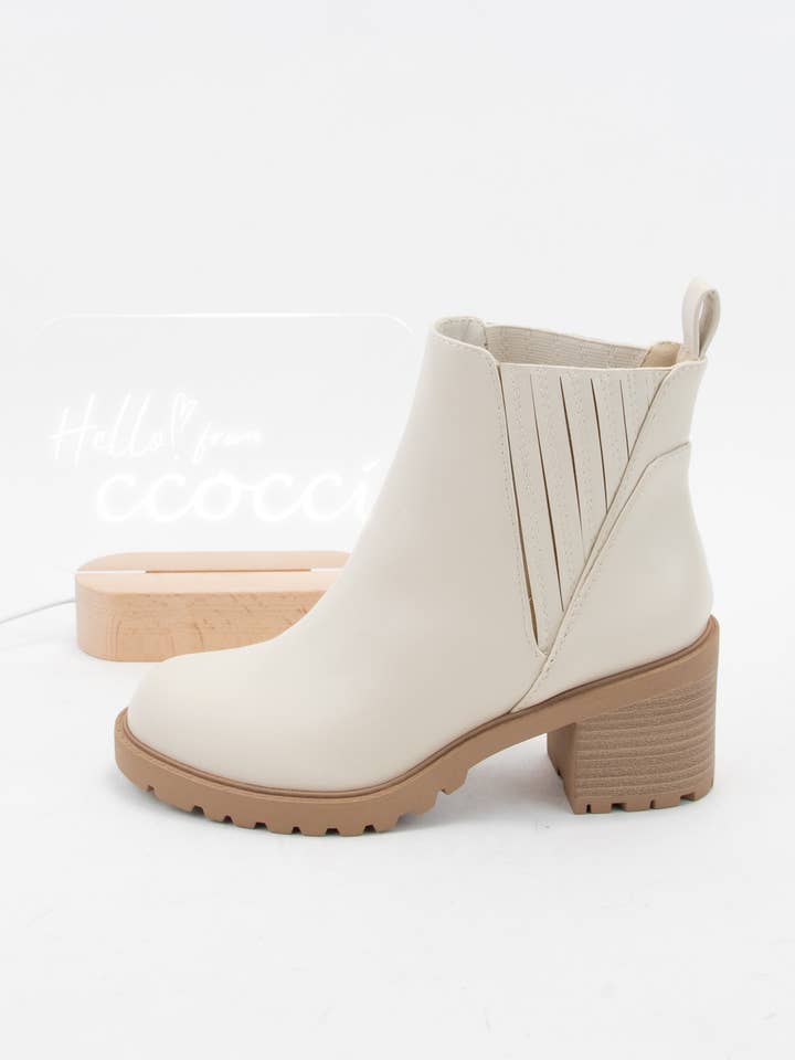 BONE PU WISELY CHUNKY BLOCK HEEL PULL ON ANKLE BOOTIES for wholesale on Faire