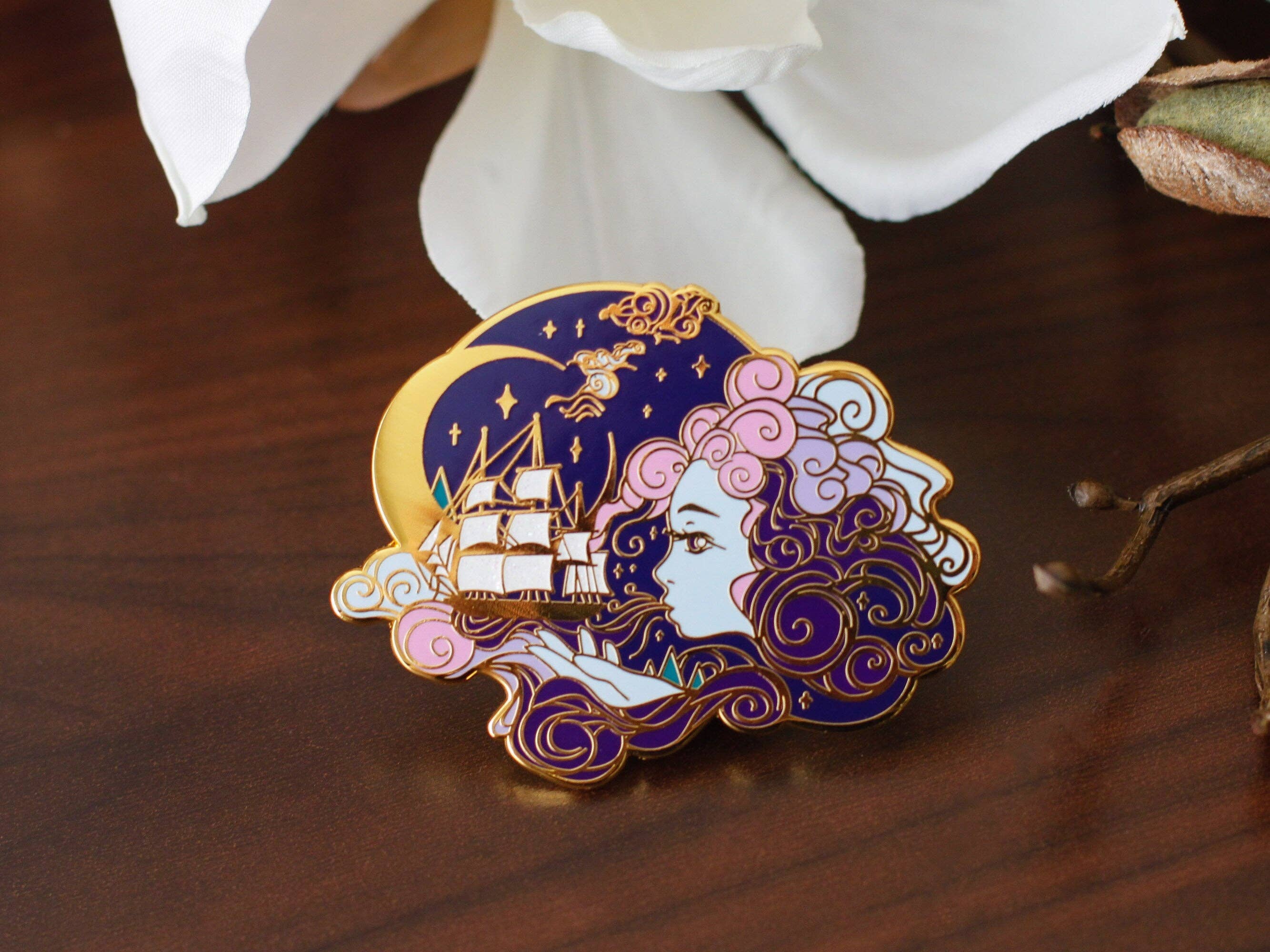 Keely Studios - Wholesale Lapel Pin/Button - Gold Ocean of Sky Wind Goddess Hard Enamel Pin - Night Version2