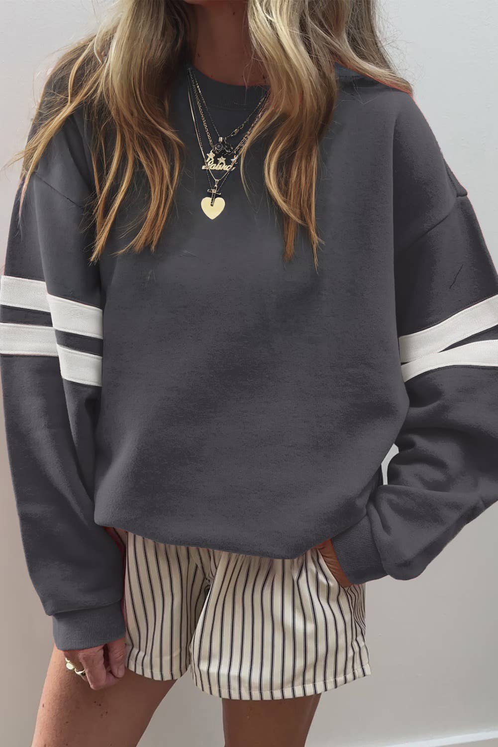 Little Daisy Closet - Wholesale Sweatshirt - Women's -  LDC Varsity Striped Detail Drop Shoulder Sweatshirt5