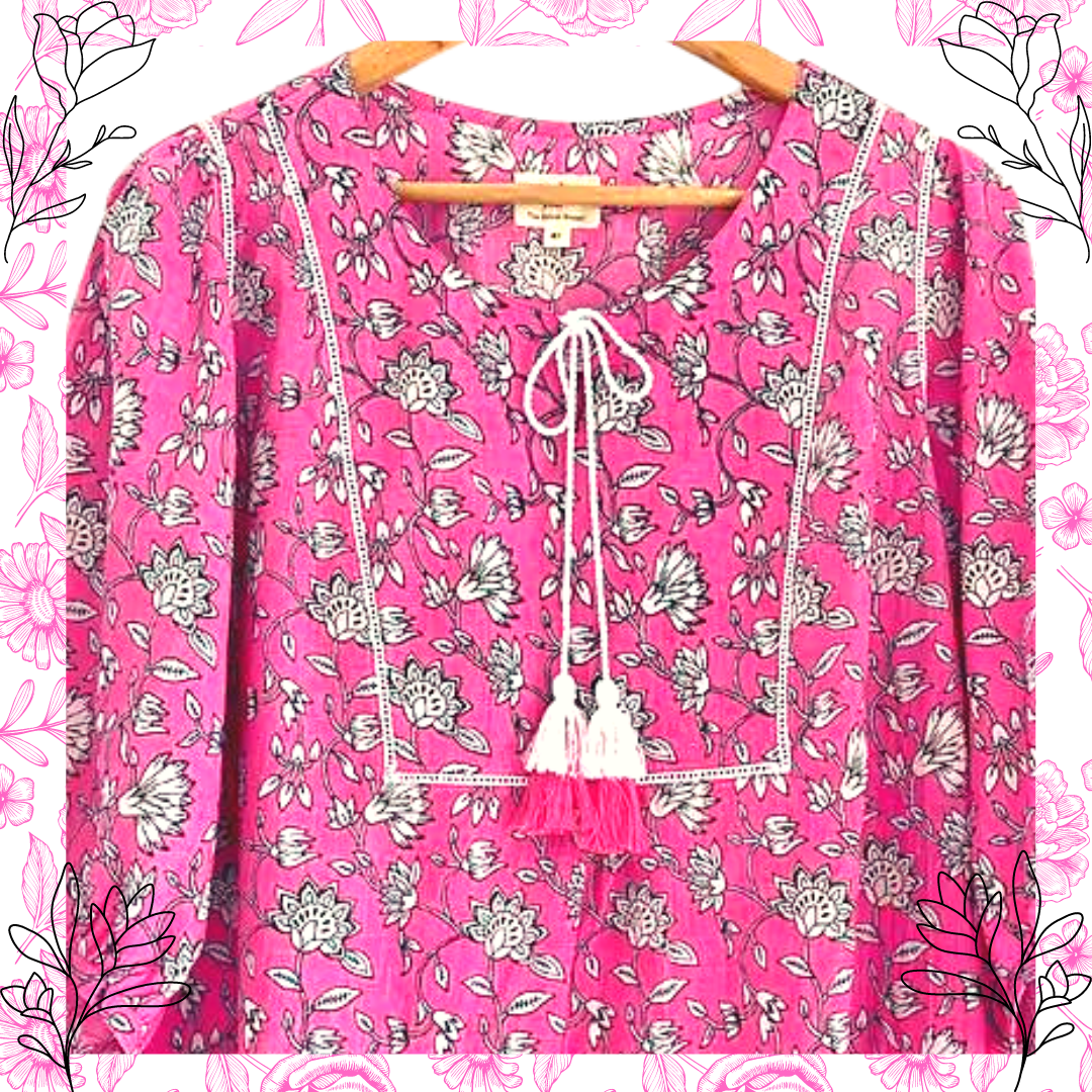 The Indian Bazaar – Túnica - Mulher por atacado – Túnica feminina - estampa floral rosa e branca, cordões de gravata10