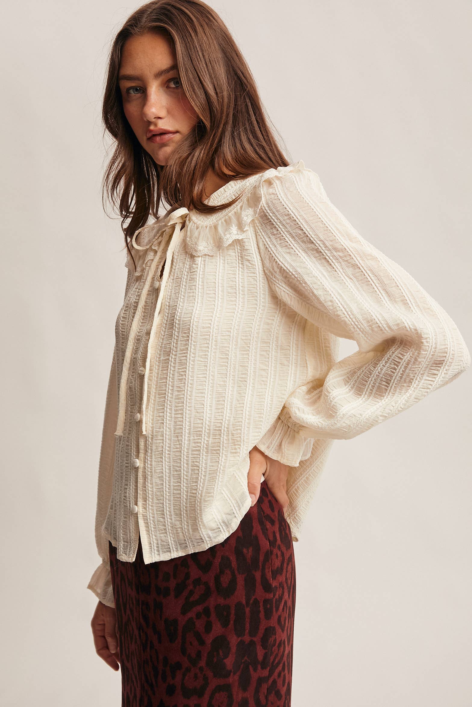 Forte - Wholesale Blouse - Women's - Embroidered Collar Textured Blouse FT0011 20