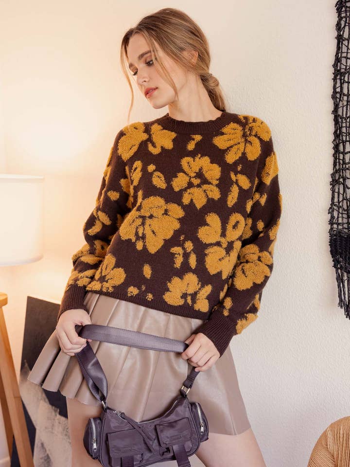 FLORAL DISTRESSED CREWNECK TERRY SWEATER for wholesale by Blu Pepper