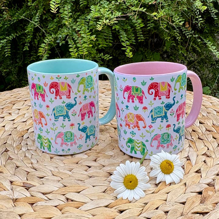 Mug with a handmade royal Indian elephant design for wholesale by Alphonsostudio