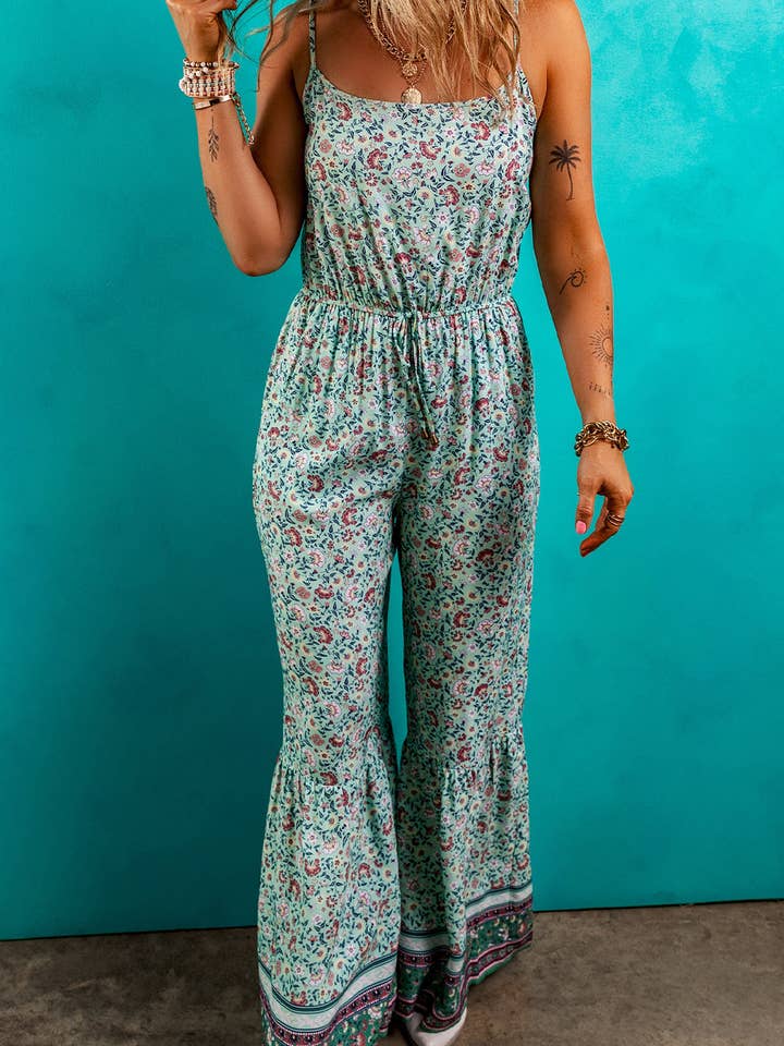 Green Bohemian Floral Ruffle Bottom Spaghetti Strap Jumpsuit for wholesale on Faire