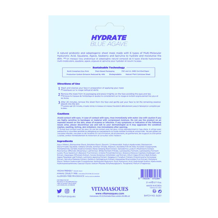Vitamasques - Wholesale Skincare Face Mask - Hydrate Blue Agave Biodegradable Face Sheet Mask