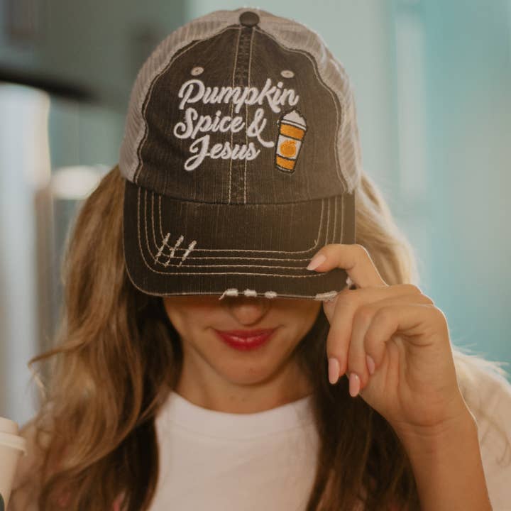 Pumpkin Spice and Jesus Trucker Hat for wholesale by Katydid