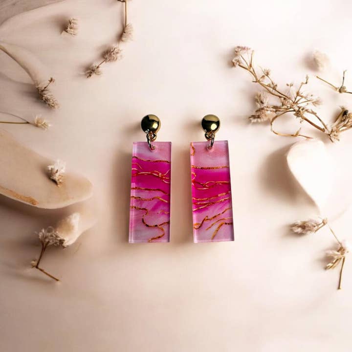 Fish Towne Designs, LLC - Wholesale Dangle Earrings - Pink Marbled Acrylic Statement Earrings with Gold Accents