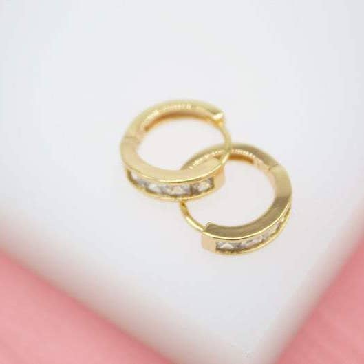 18K Gold Filled Huggies Earrings With Clear Rectangle CZ Cubic Zirconia Stones for wholesale by MIA Jewelry