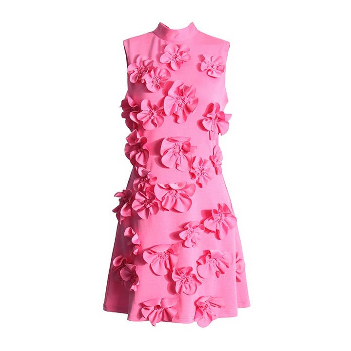 Productseeker - Wholesale Dress - Women's - DR413Y Pink Stand Collar Sleeveless 3D Flower Short Dress