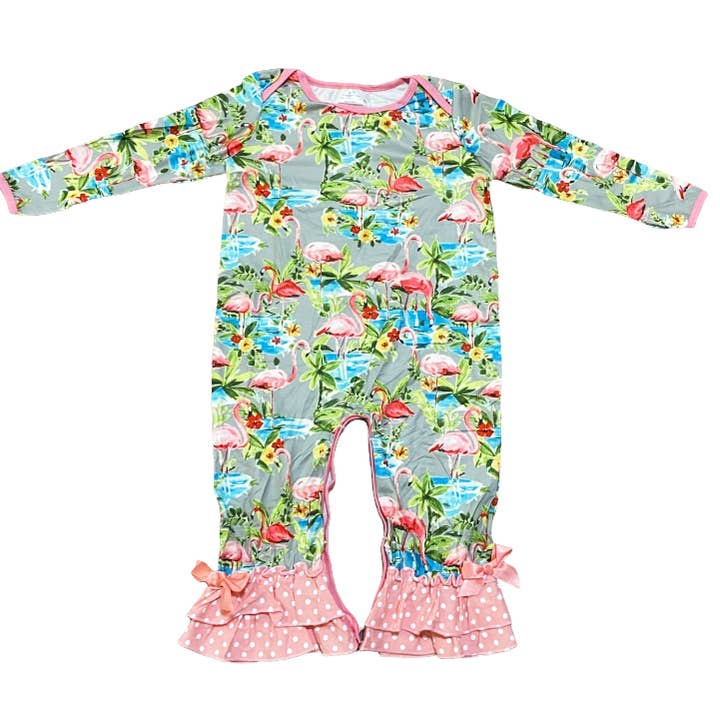 AnnLoren - Wholesale Jumpsuit - Baby - Pink Flamingo Floral Baby Girls Long Sleeve Spring Romper