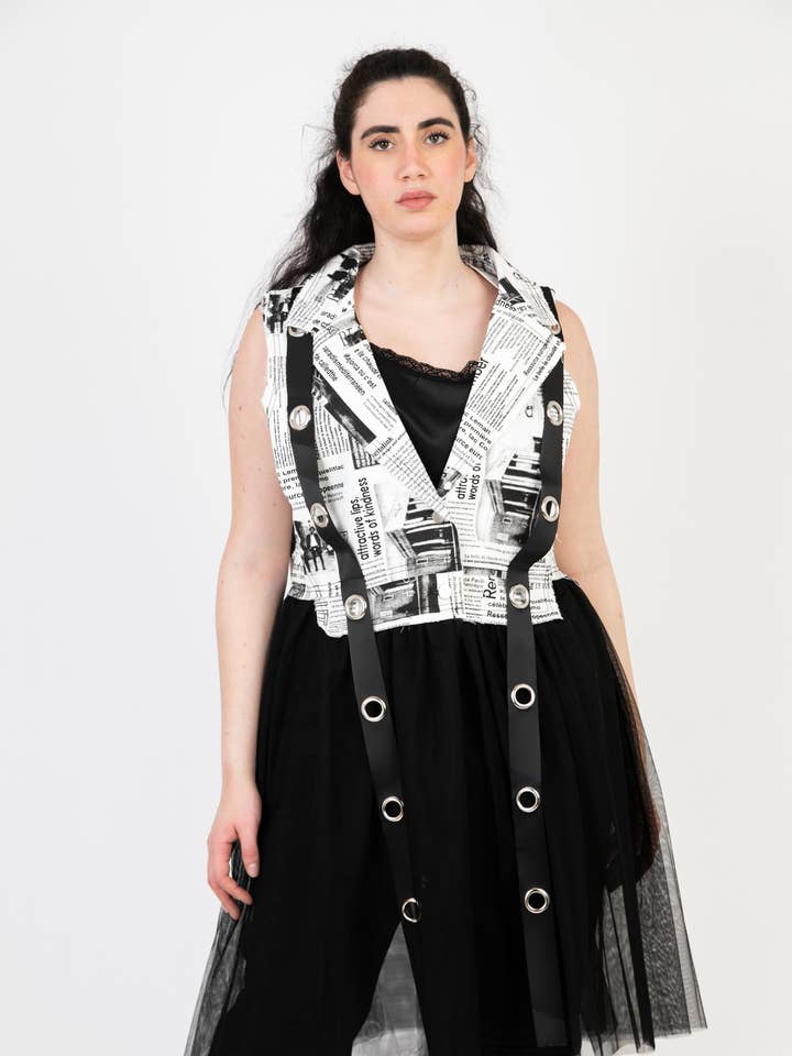 Chaleco de dos materiales vaquero y tul estampado blanco (C6515) para venta al por mayor de Pomme Rouge Paris