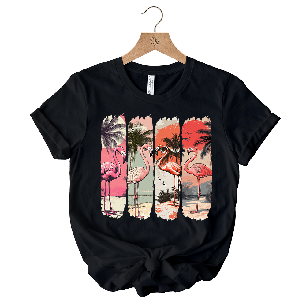 Noir T-shirt d'été Flamant Rose Plage, T-shirt Rétro Vacances Tropicales en vente sur Faire0