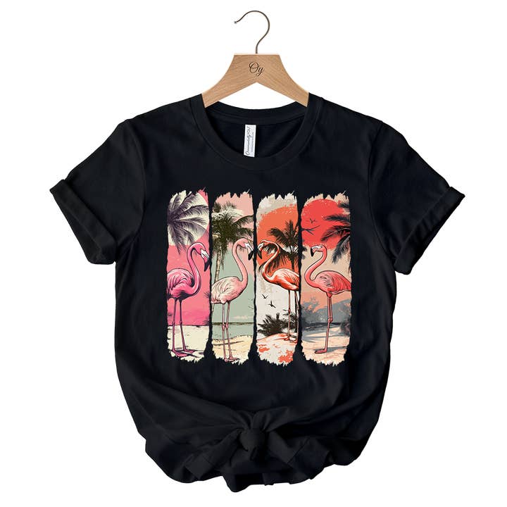Noir T-shirt d'été Flamant Rose Plage, T-shirt Rétro Vacances Tropicales en vente sur Faire