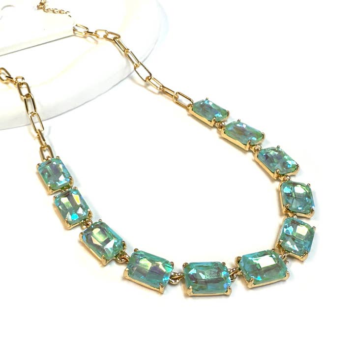 Rectangle Crystal Glass Linked Statement Chain Necklace for wholesale by StarryNYC