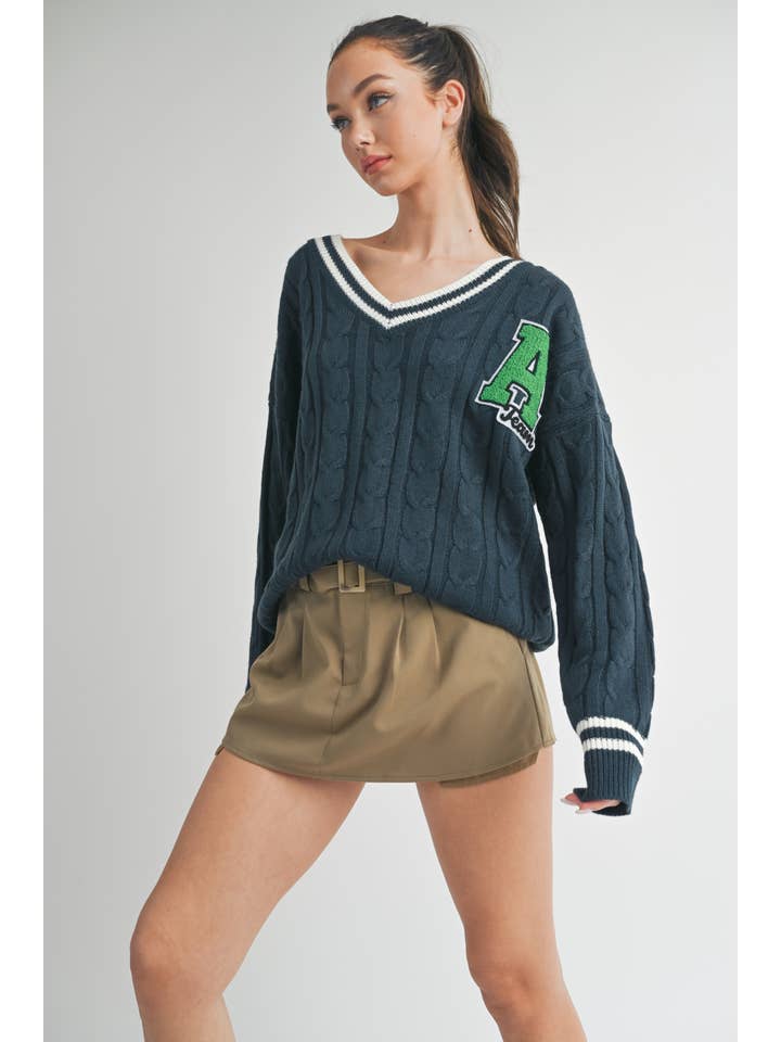 Klesis - Wholesale Knit Sweater - Women's - IT2990 VARSITY PATCH V NECK CABLE KNIT SWEATER2