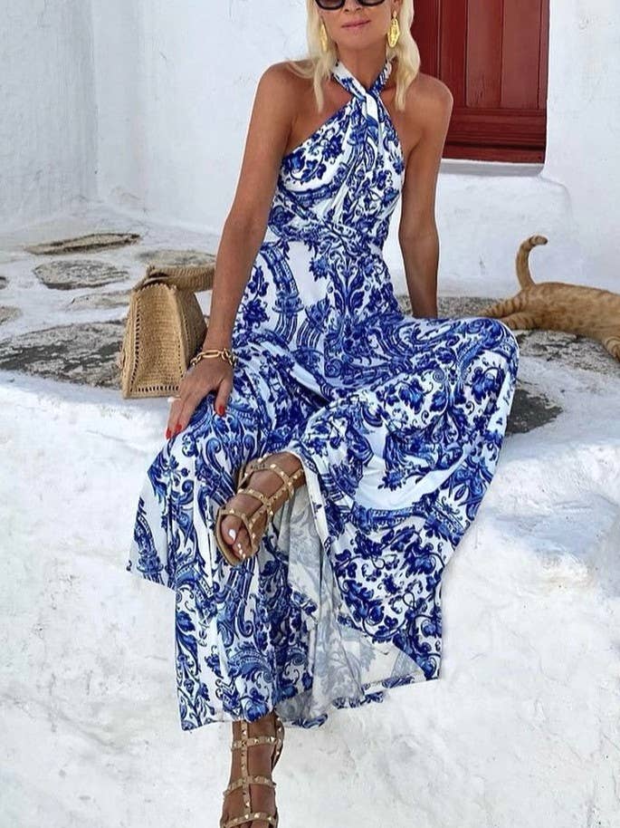 Blue Bohemian Paisley Halter Neck Maxi Dress for wholesale on Faire2